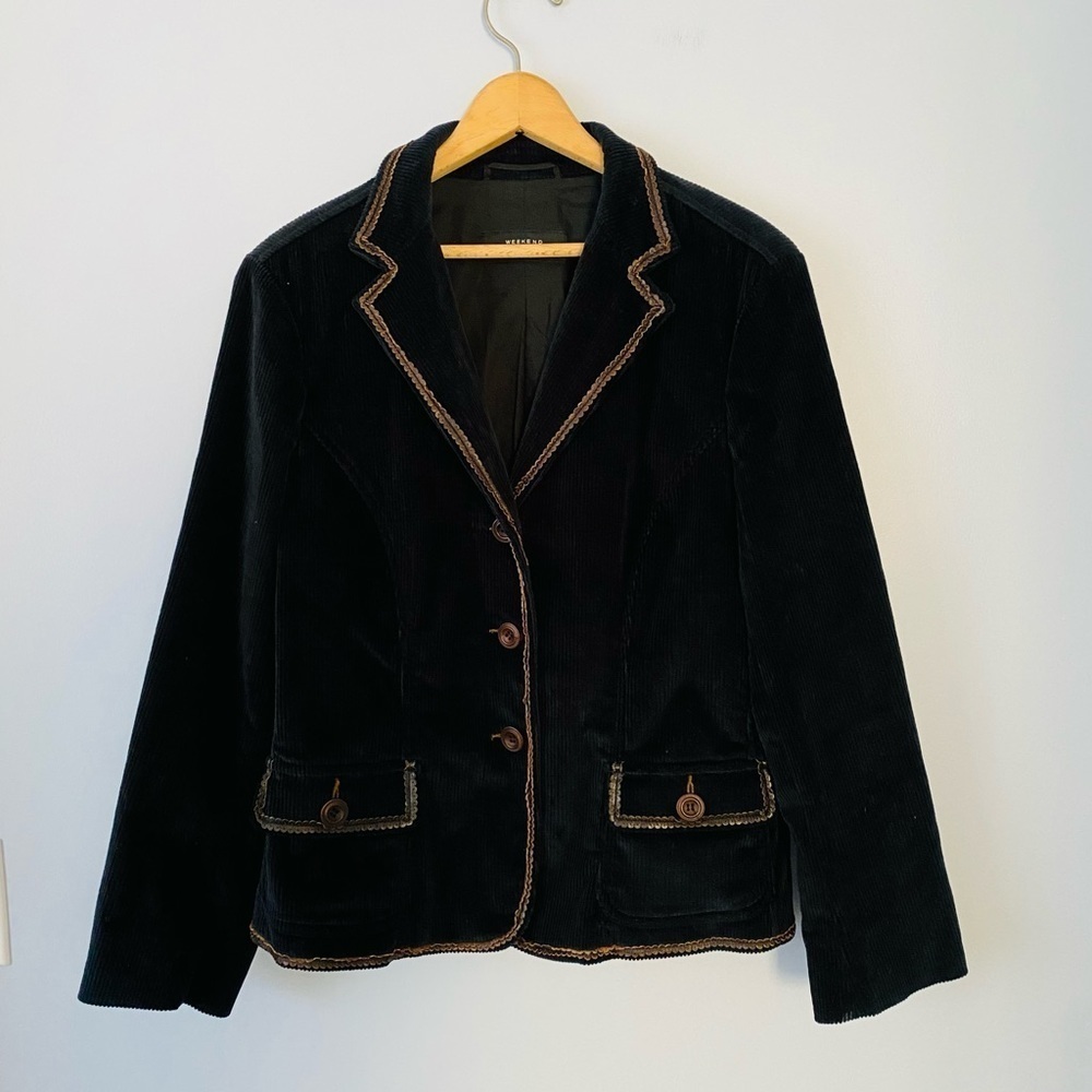 Weekend Max Mara Corduroy Blazer, Size 14, Navy Blue Blazer with Leather Trim